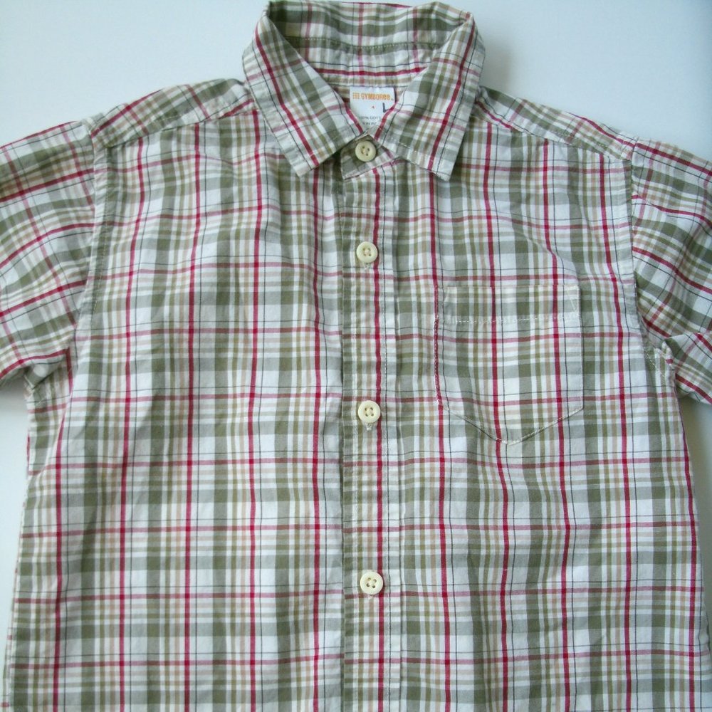 Gymboree Boys Shirt Button Down Red Green Tan Short Sleeve Collared Size 4